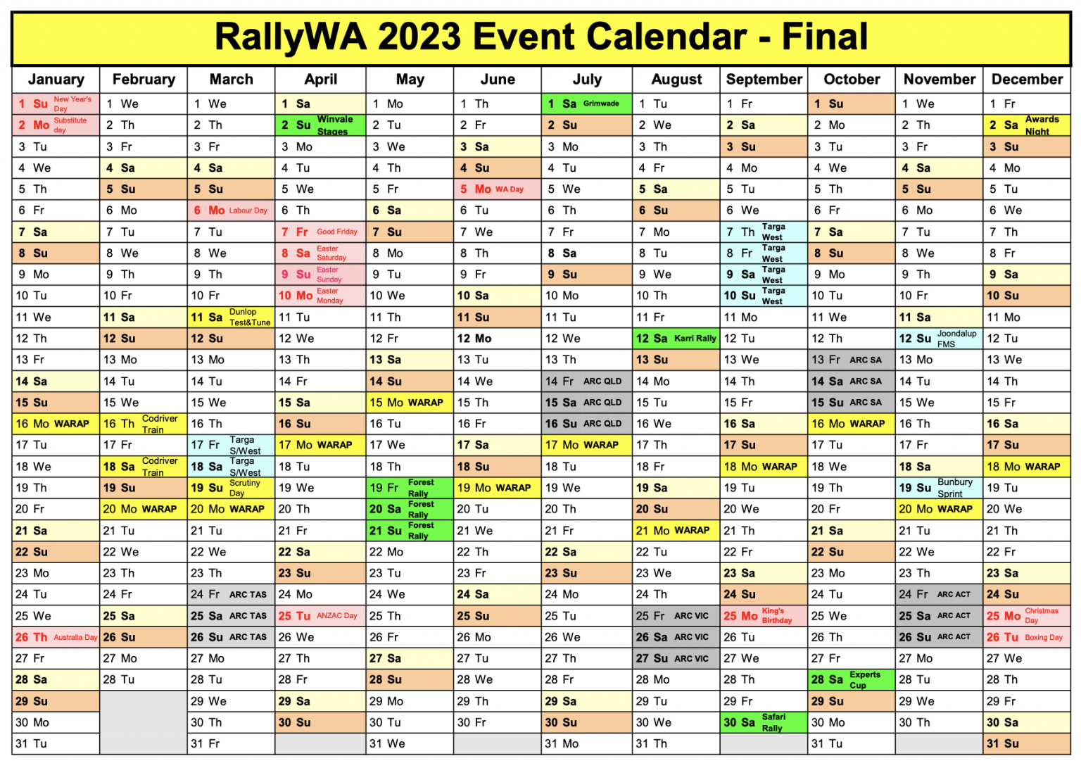 Rally WA 2023 Calendar Rally WA